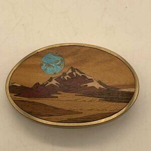 EUC Vintage Inlaid Wood Mountain Landscape Brass Belt Buckle